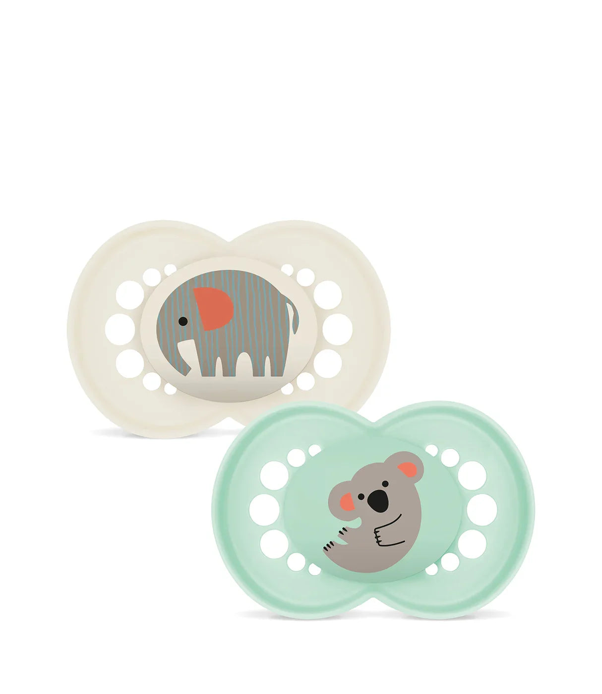 זוג מוצצים לתינוק עם ציורי פיל וכואלה, בצבעים ירוק ובז' ועיצוב חורים לאוורור