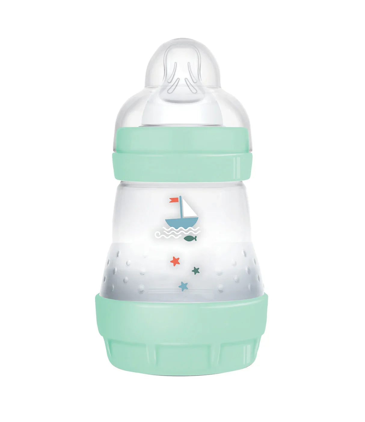 בקבוק לתינוק עם פקק ירוק ודגם סירה, מותאם להאכלה, רקע לבן