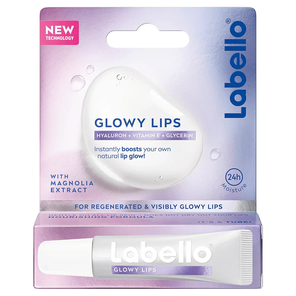שפתון לחות Labello Glowy Lips בטכנולוגיה חדשה, עם חומצה היאלורונית ותמצית מגנוליה, מעניק שפתיים זוהרות