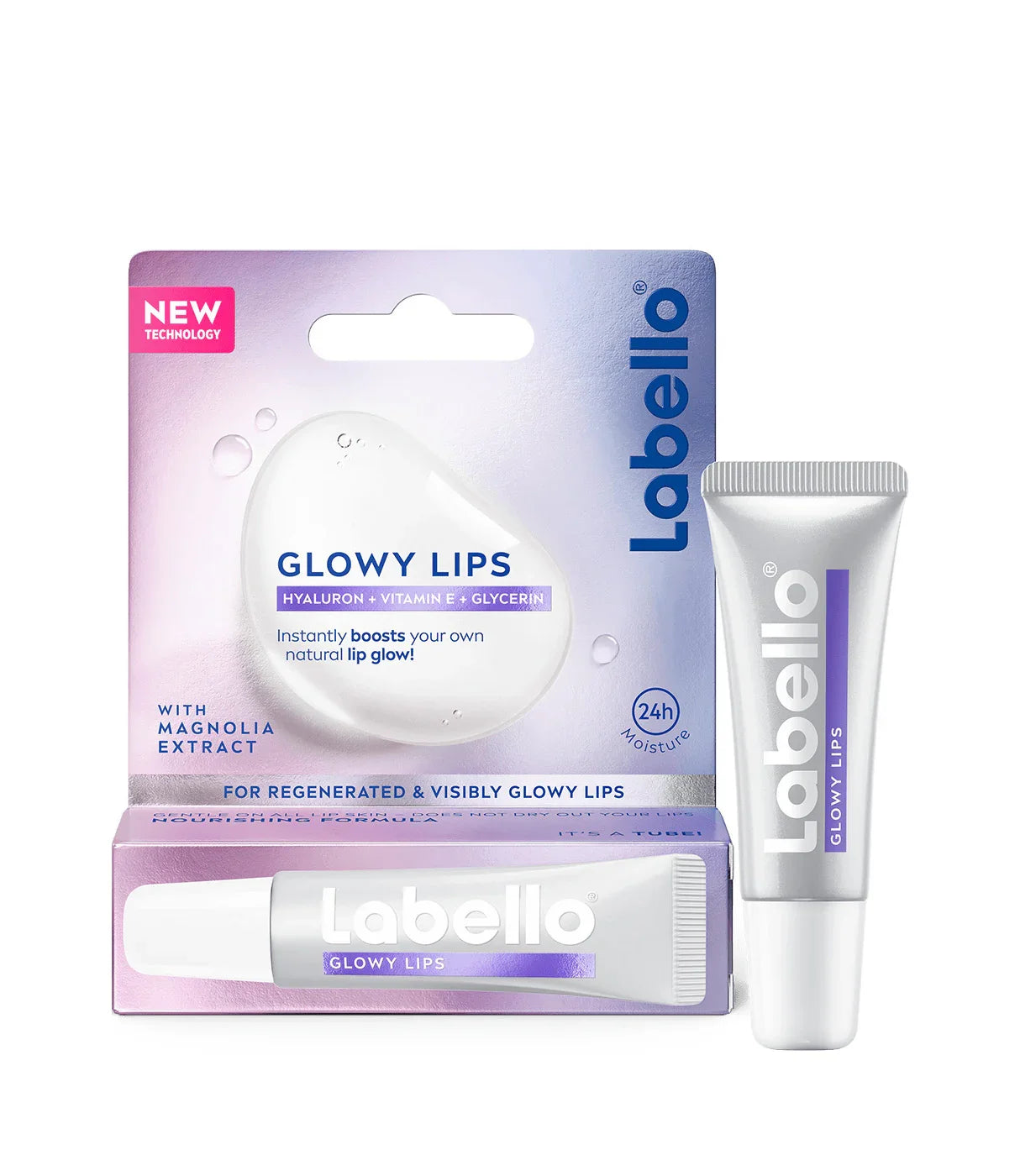 שפתון לחות Labello Glowy Lips בתוספת חומצה היאלורונית וויטמין E, אריזה סגולה