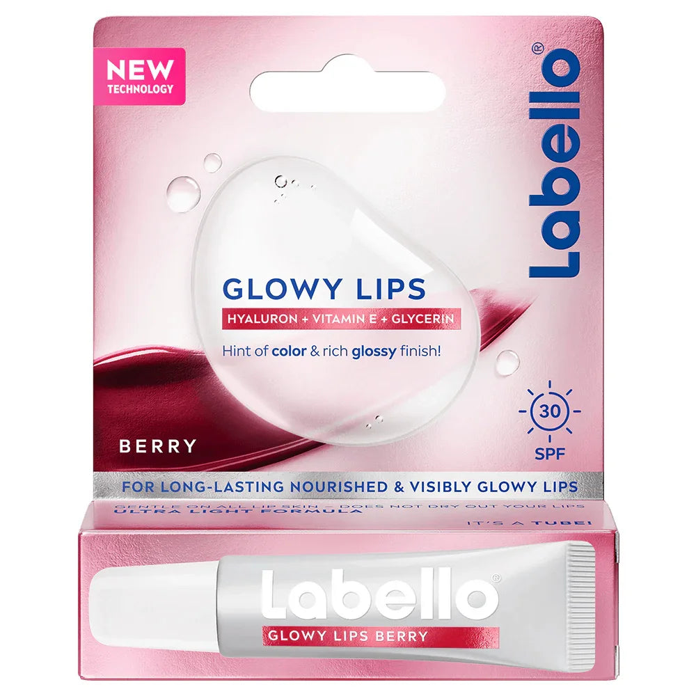 שפתון לחות Labello Glowy Lips בטעם Berry עם הגנה SPF 30, מועשר בהיאלורון, ויטמין E וגליצרין