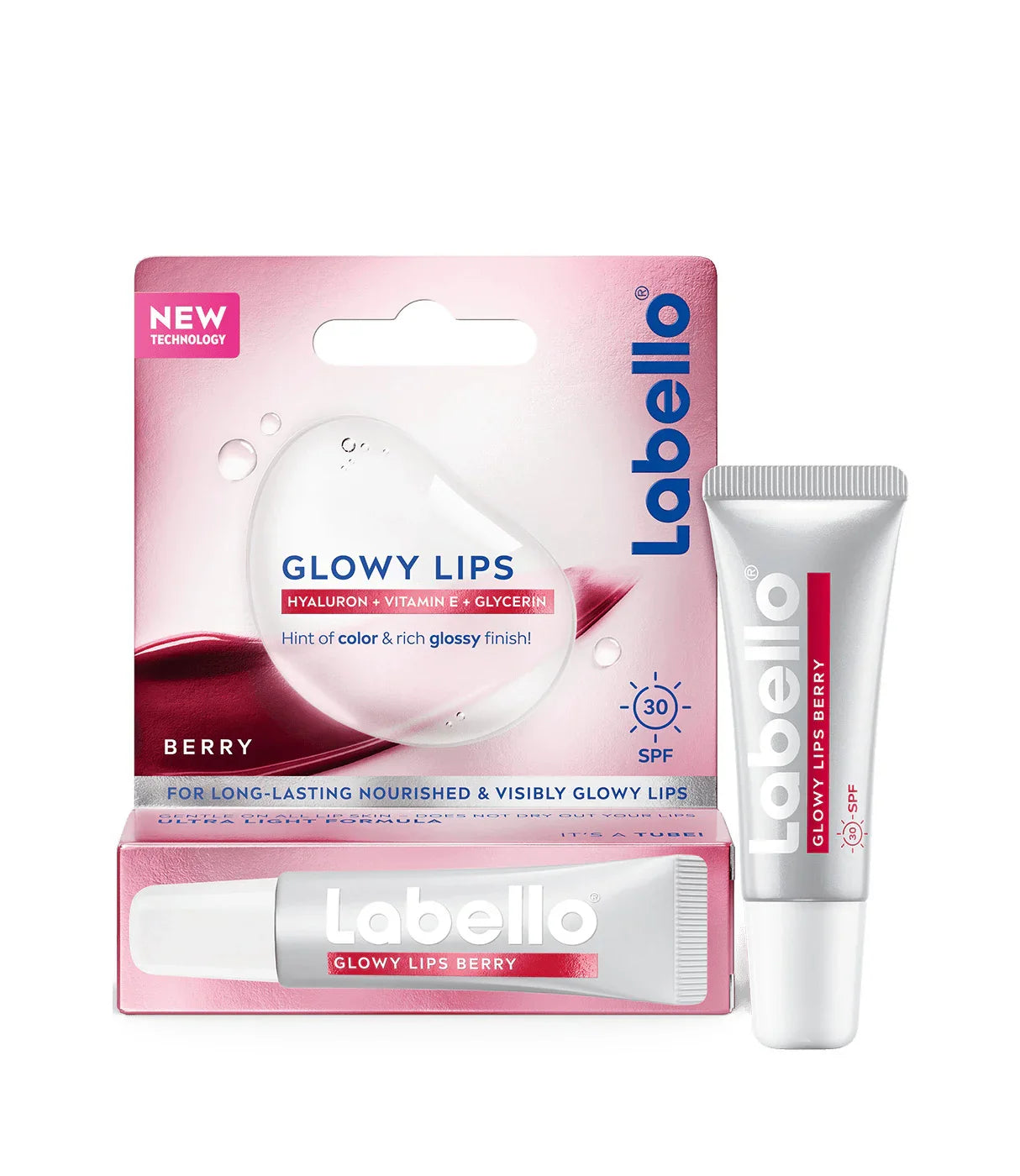 שפתון לחות Labello Glowy Lips בטעם Berry, מספק לחות, צבע עדין וברק עם הגנה SPF 30