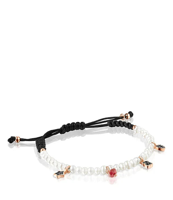 צמיד חוליות פנינה ולב אדום עם סוגר חוט שחור, עיצוב יוקרתי מותג CHOZEN