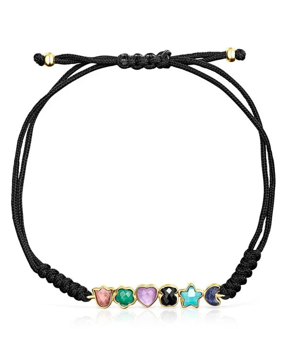 צמיד חוט שחור עם תליוני אבני חן צבעוניות בצורות שונות, מבית CHOZEN