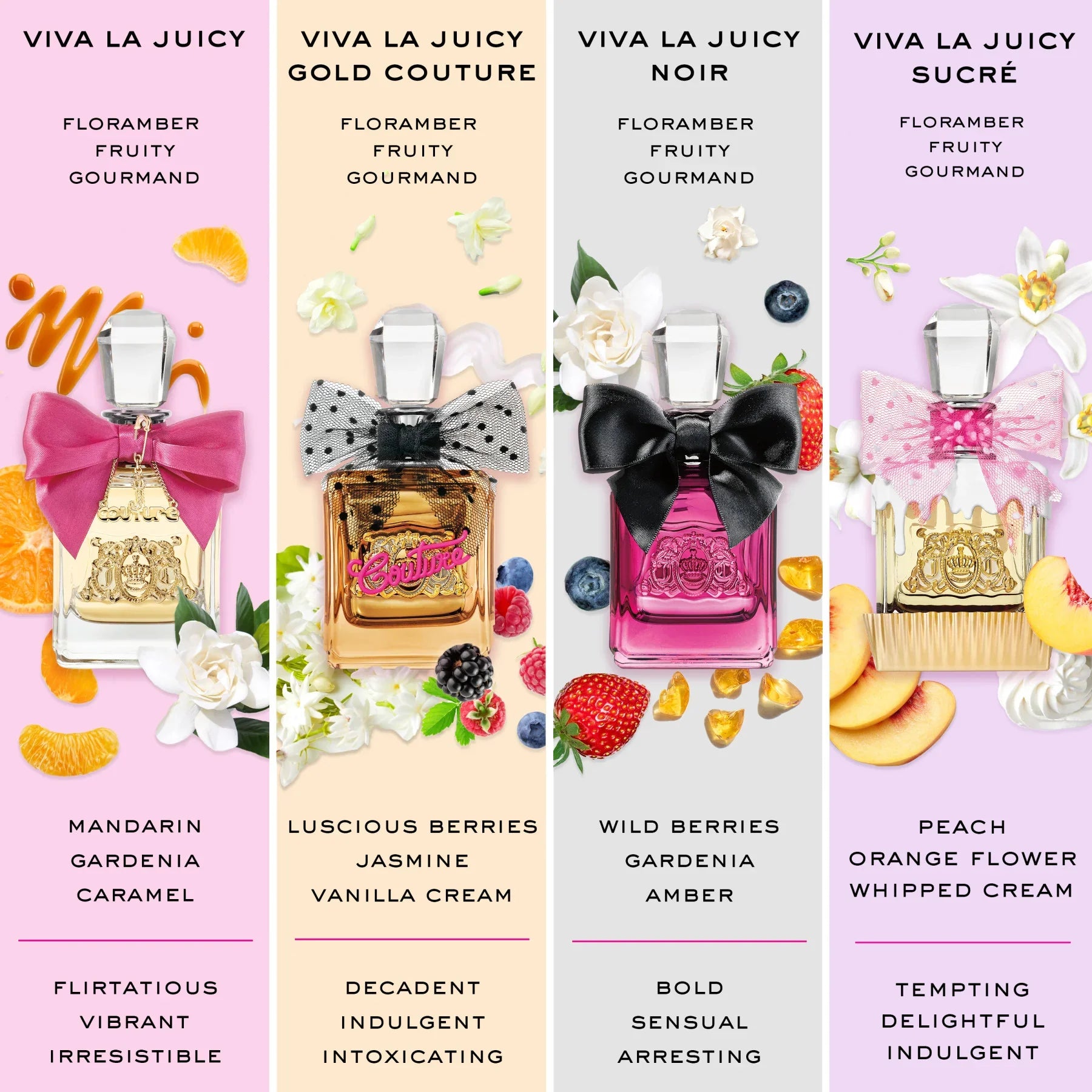 בושם Viva La Juicy במגוון ניחוחות עם בקבוקים מעוצבים, בולט על רקע פירות ופרחים, מותגי בישום יוקרתיים באתר CHOZEN