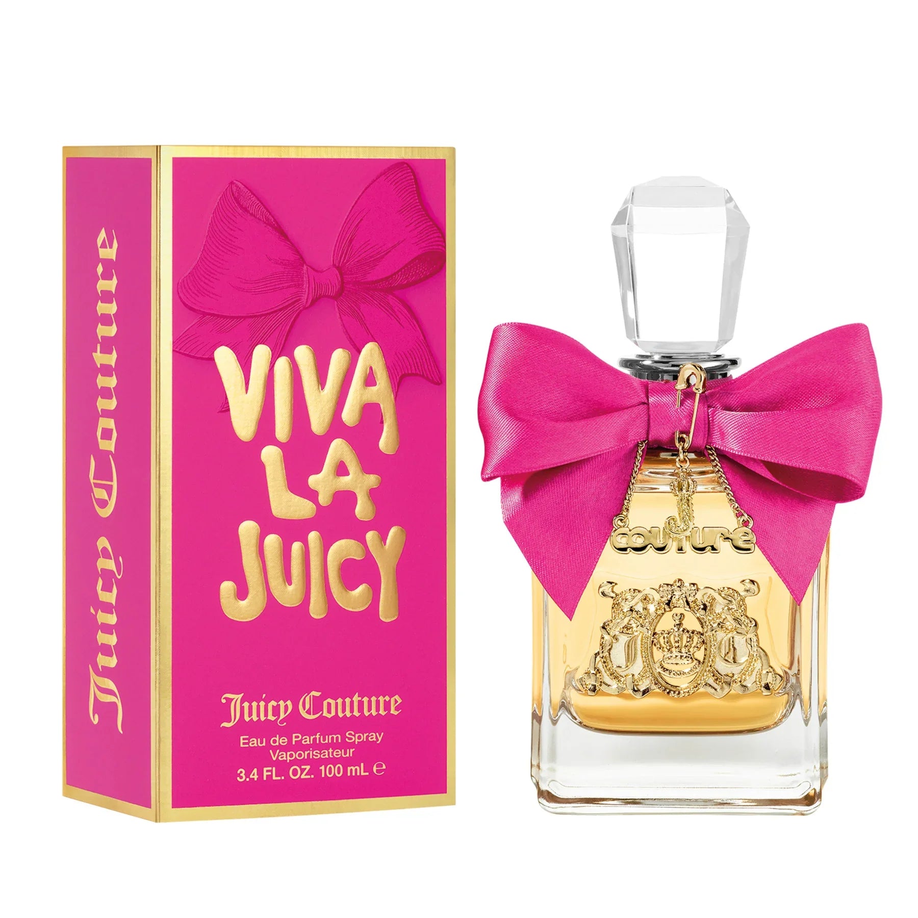 בושם Viva La Juicy מבית Juicy Couture עם קופסה ורודה וקשת ורודה, מותגים מובילים CHOZEN