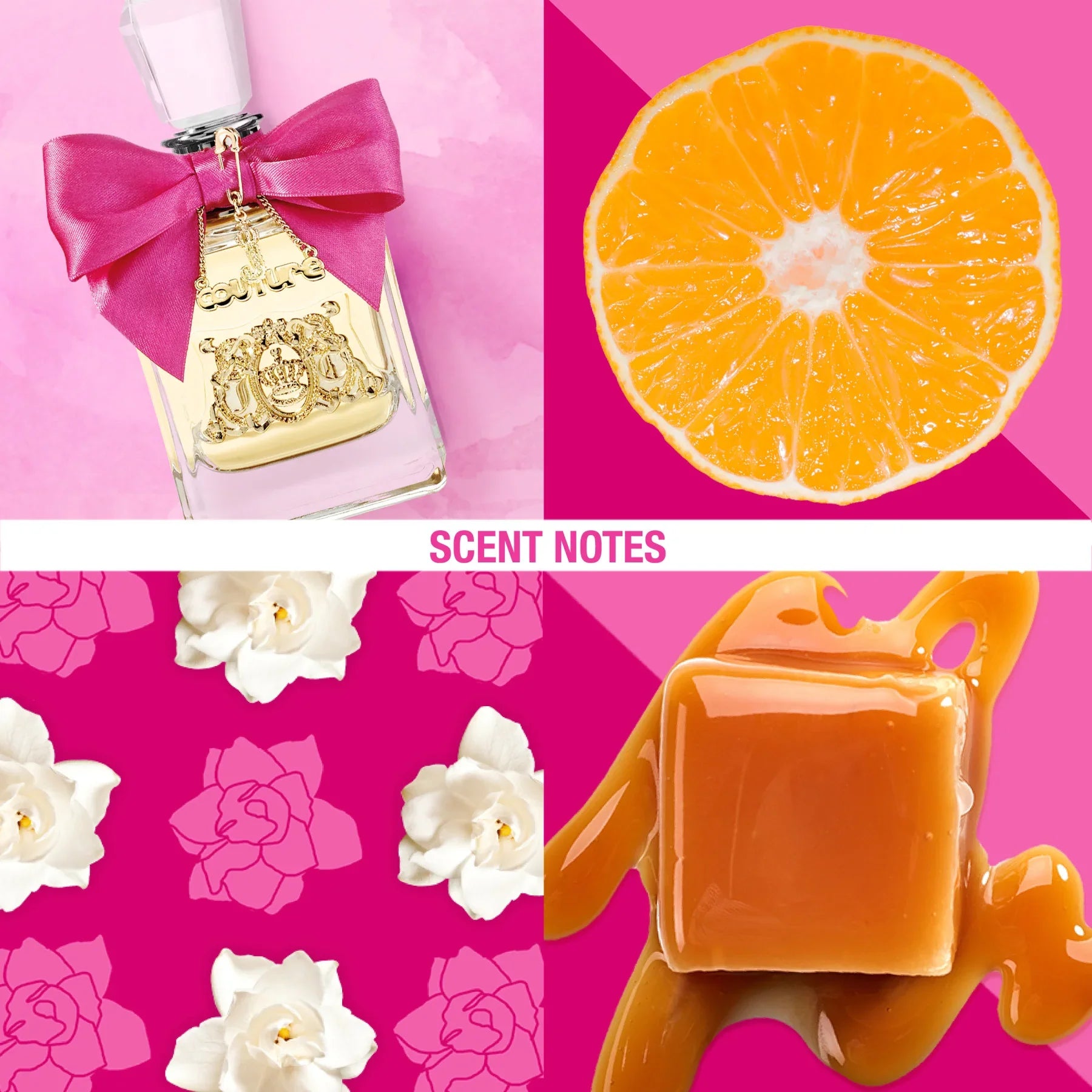 בקבוק בושם מעוצב עם סרט ורוד, חצי תפוז, פרח לבן וקרמל על רקע ורוד, CHOZEN ניחוחות יוקרתיים