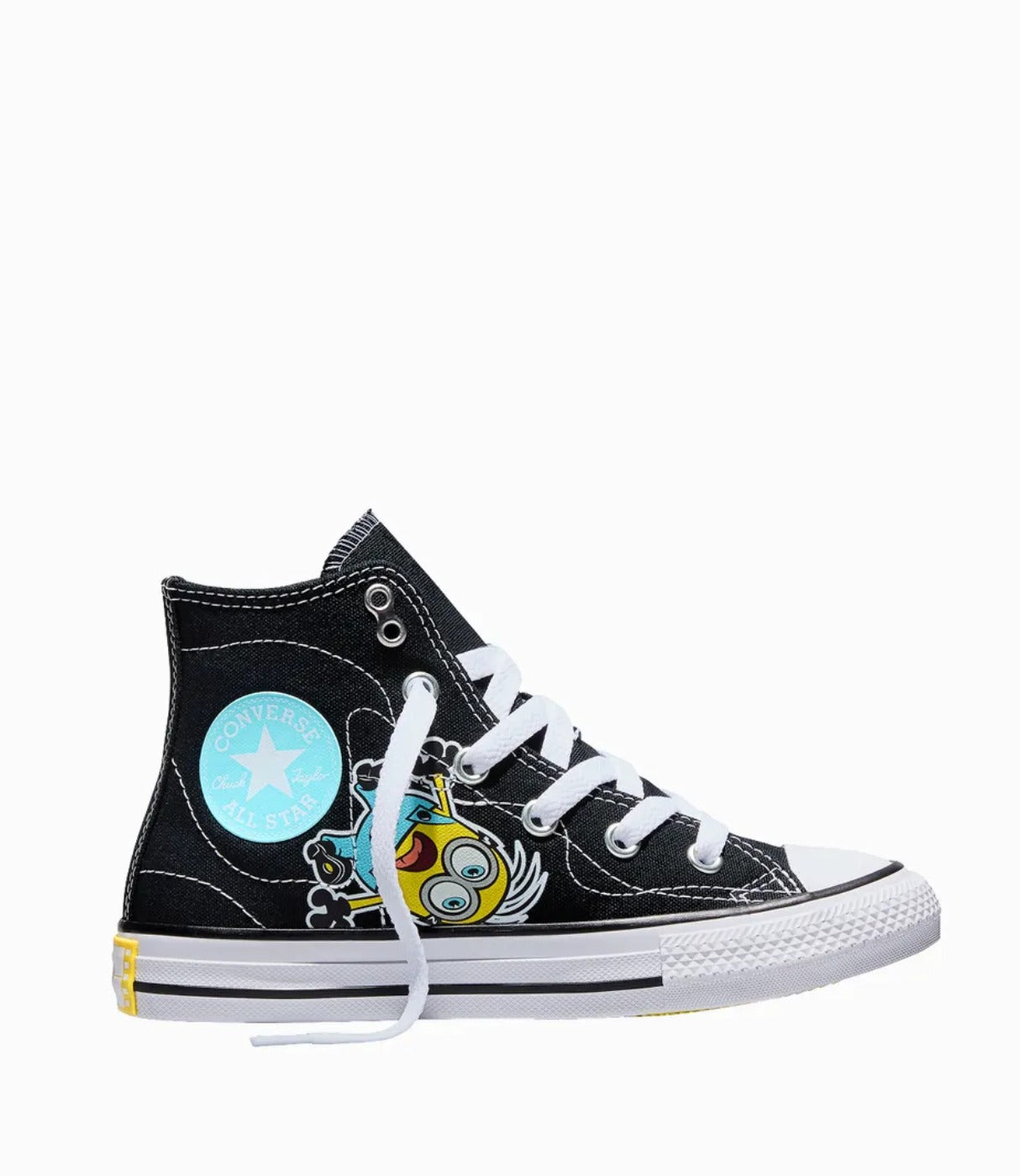 CONVERSE Chuck Taylor All Star גבוהות לילדים שחורות עם הדפס מיניון, מבט מהצד עם לוגו כחול, מבית CHOZEN