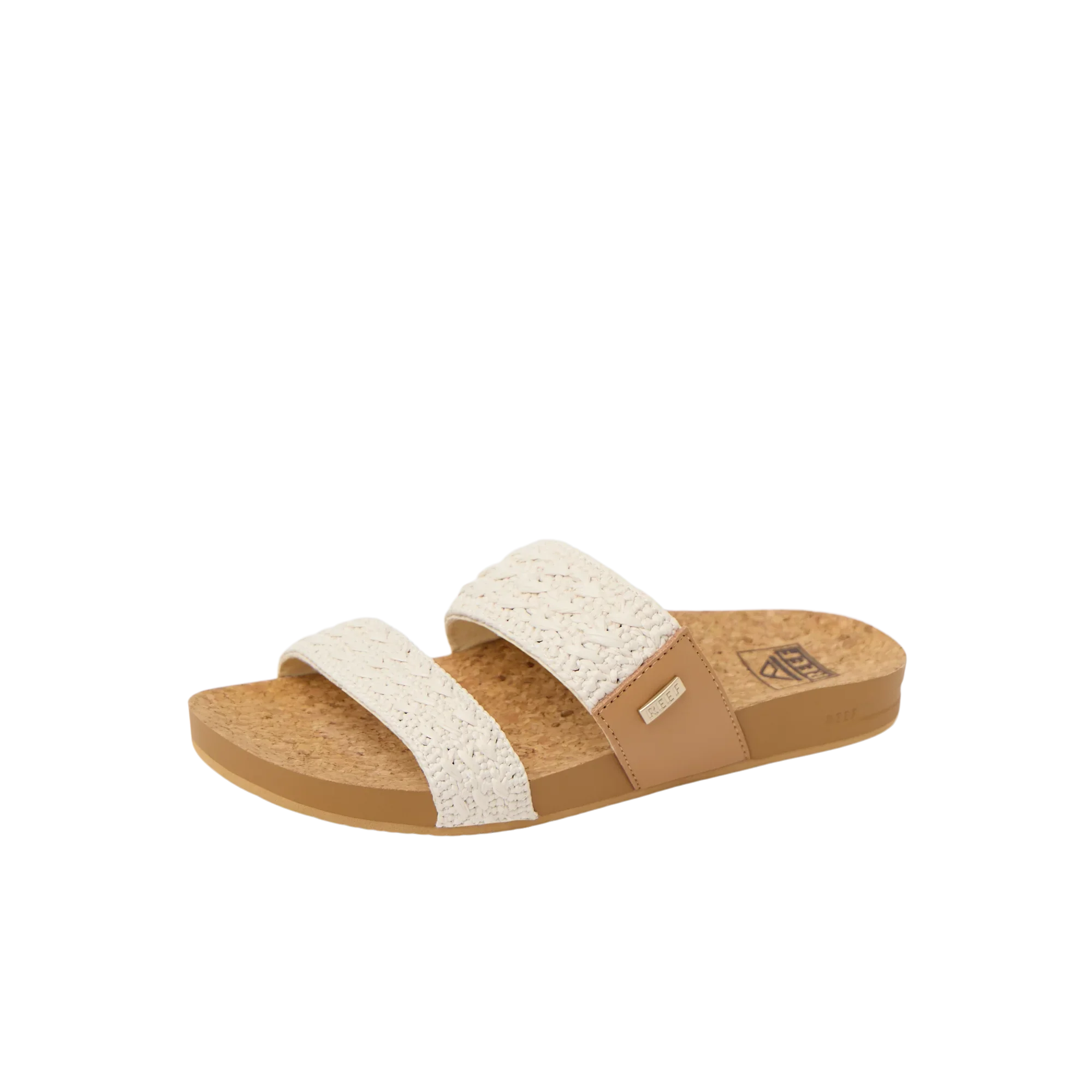 כפכף נשים בעיצוב קז'ואל, סוליית שעם, רצועות קלועות בצבע לבן וחום, סנדלים אופנתיים