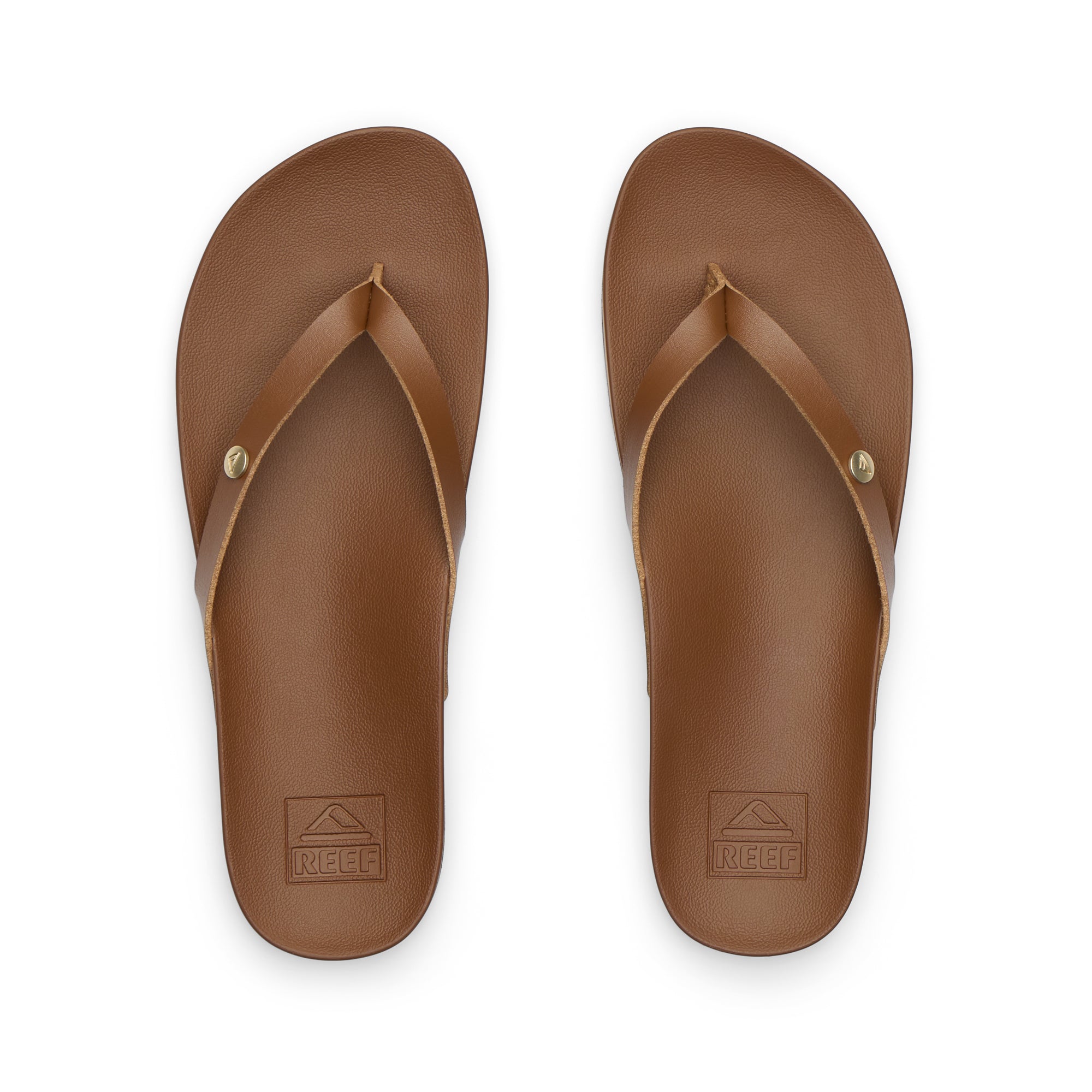 כפכפי גומי שטוחים חומים עם רצועות ושיבוץ לוגו, מבט עליון