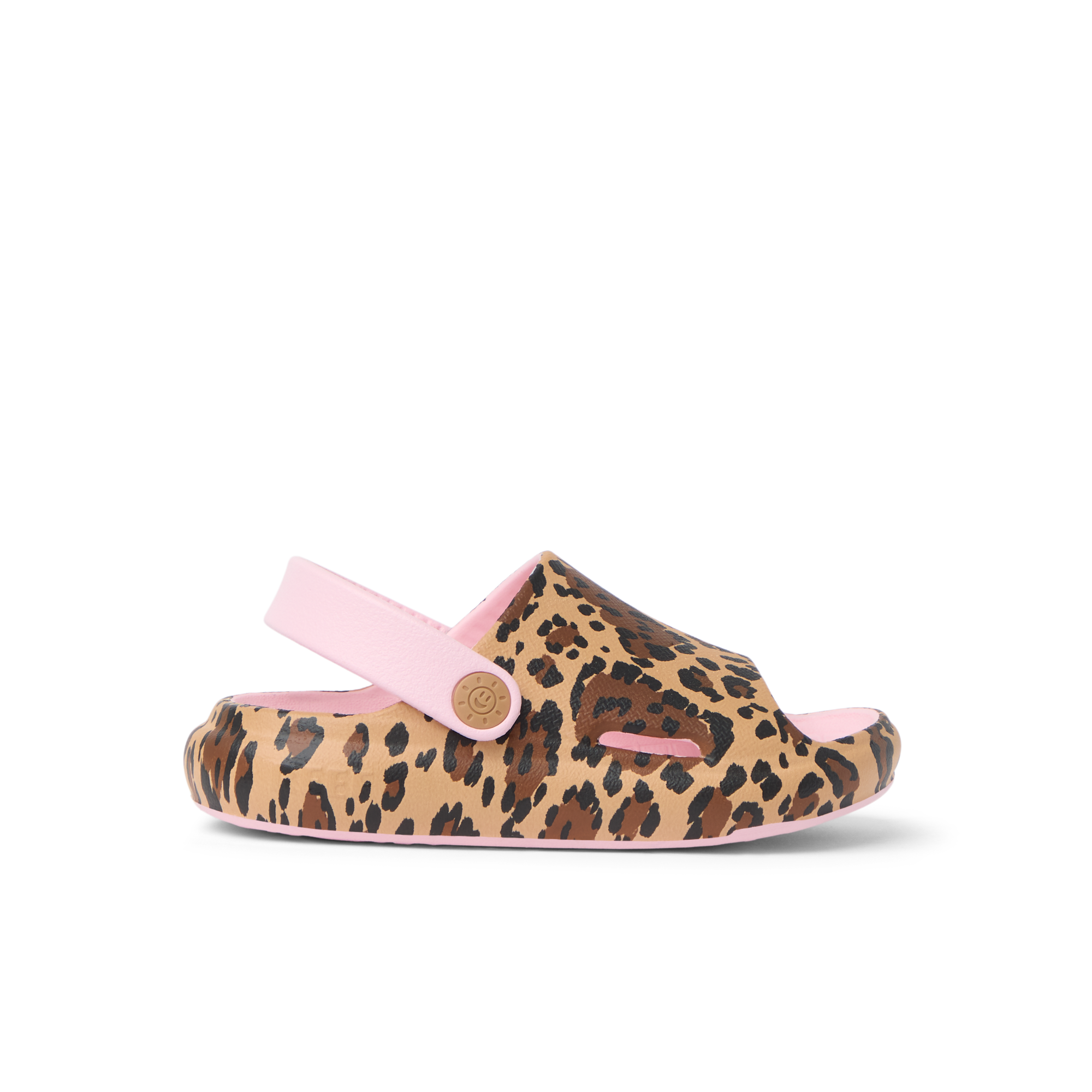 כפכף ילדים עם רצועה ורודה ודוגמת מנומר חום, עיצוב טרנדי לקיץ