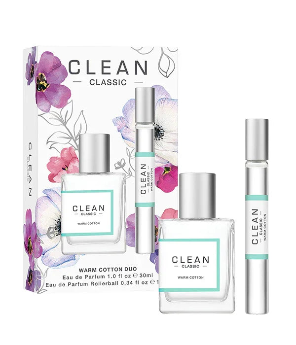 ערכת בושם CLEAN CLASSIC WARM COTTON, שני בקבוקים, קופסה פרחונית, בושם לנשים מבית CHOZEN