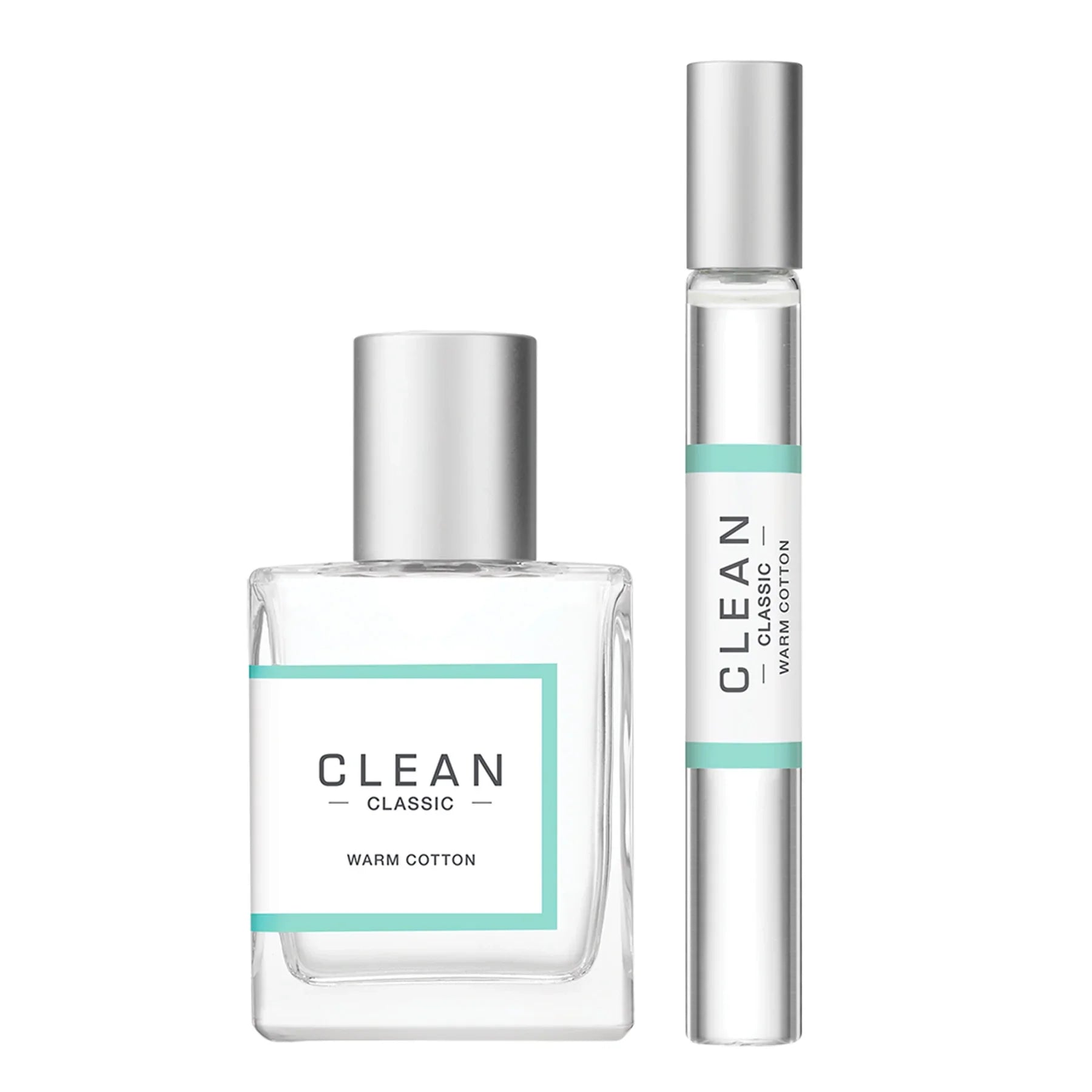 סט בושם CLEAN Classic Warm Cotton duo עם בקבוק ומיני, מוצג על רקע לבן, CHOZEN אלפא