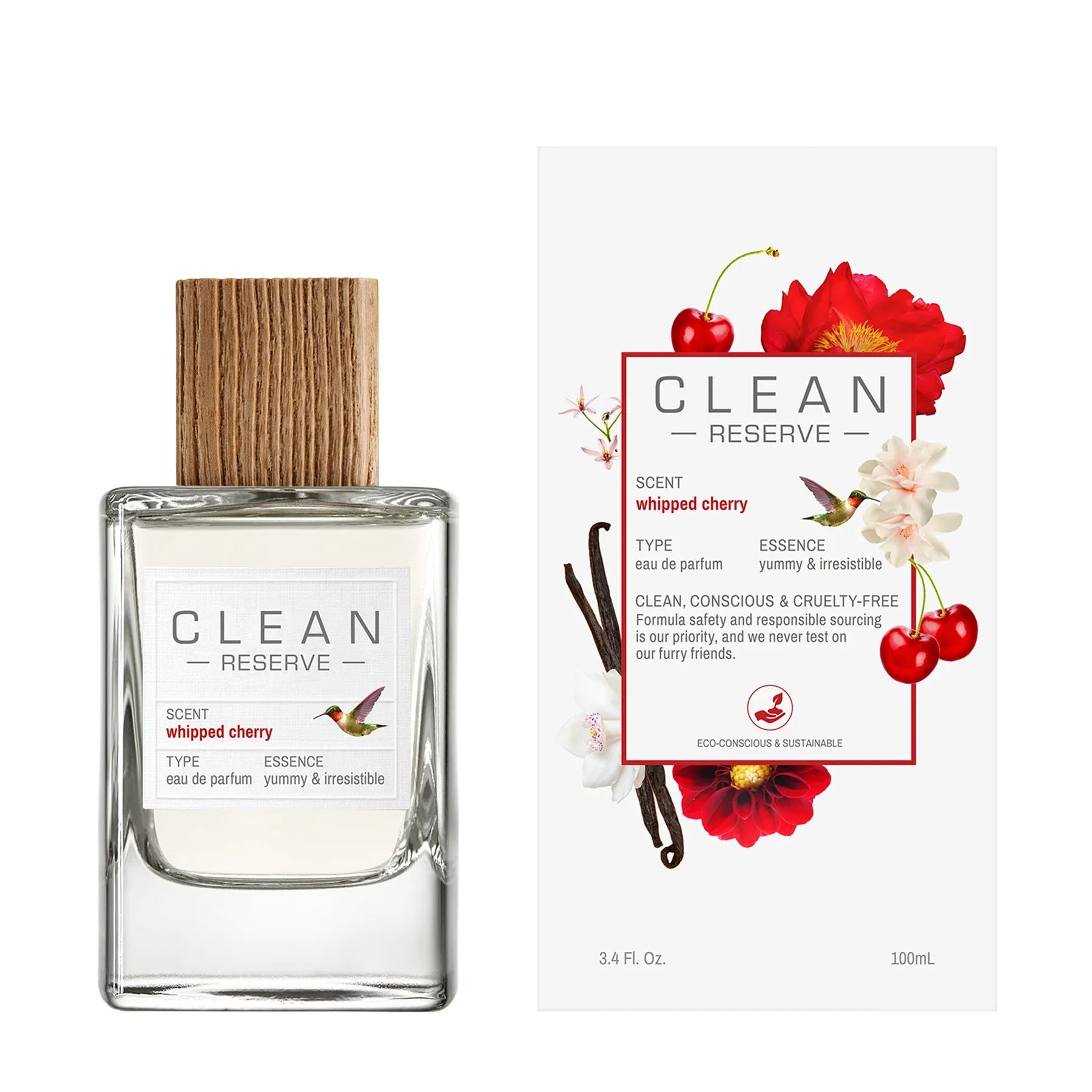 בושם Clean Reserve Whipped Cherry, בקבוק 100 מ"ל ליד קופסה עם עיצוב דובדבנים ואילנג, CHOZEN