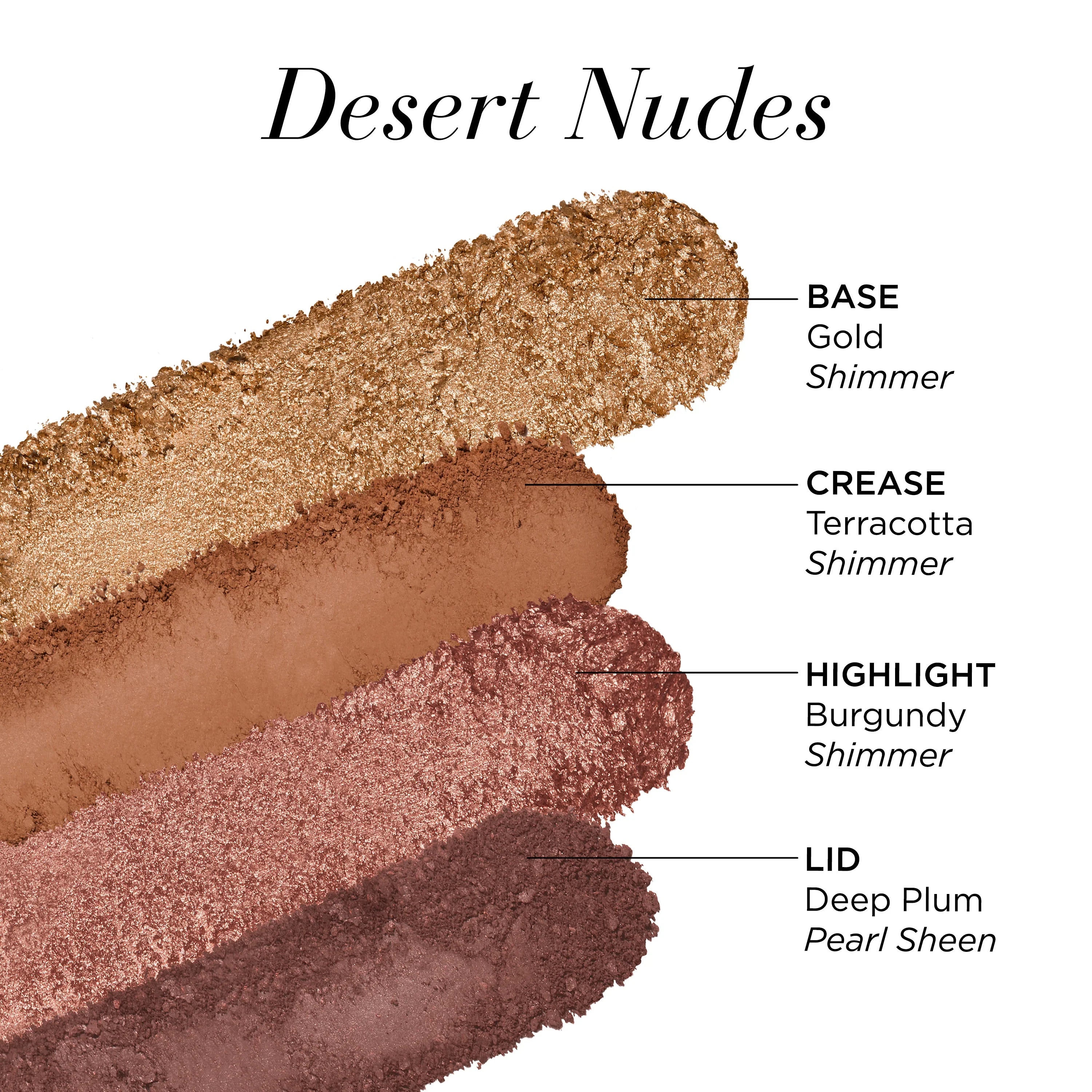 פלטת צלליות Desert Nudes של CHOZEN עם גוונים זהב, טרקוטה, בורדו ושזיף עמוק במרקם שימר