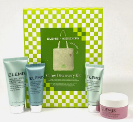 ערכת טיפוח לעור הפנים ELEMIS עם מוצרים מוקטנים וקופסה ירוקה משובצת