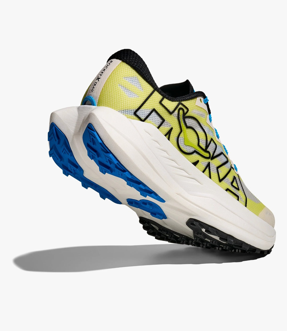 נעל ריצה הוקה ROCKET X TRAIL בזווית אחורית מוגבהת עם סוליה כחולה - CHOZEN