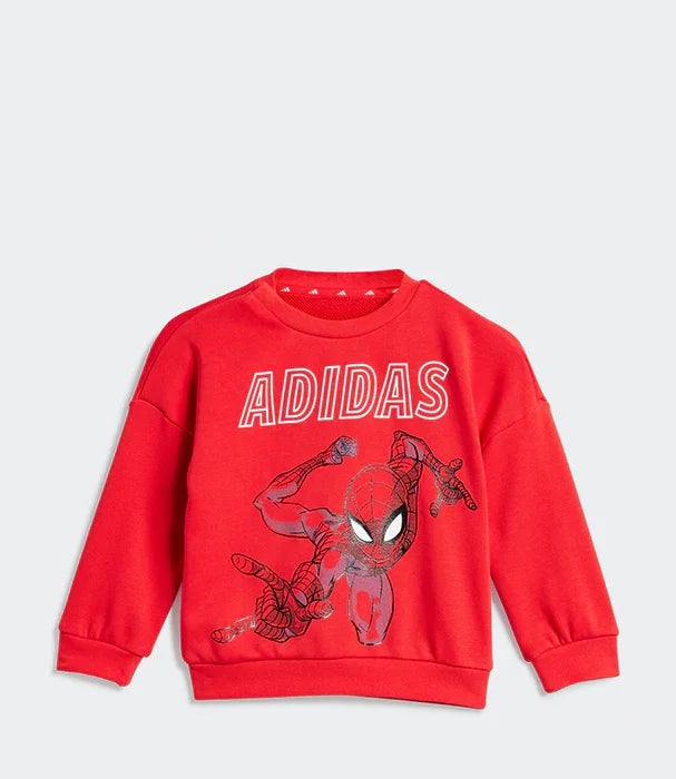 סווטשירט אדום לילדים עם הדפס ספיידרמן ולוגו ADIDAS, צילום בסטודיו, מותגים ב-CHOZEN