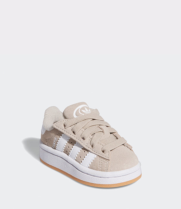 נעל ספורט אפורה לתינוקות עם שרוכים, פסי צד לבנים וסוליה לבנה קלילה