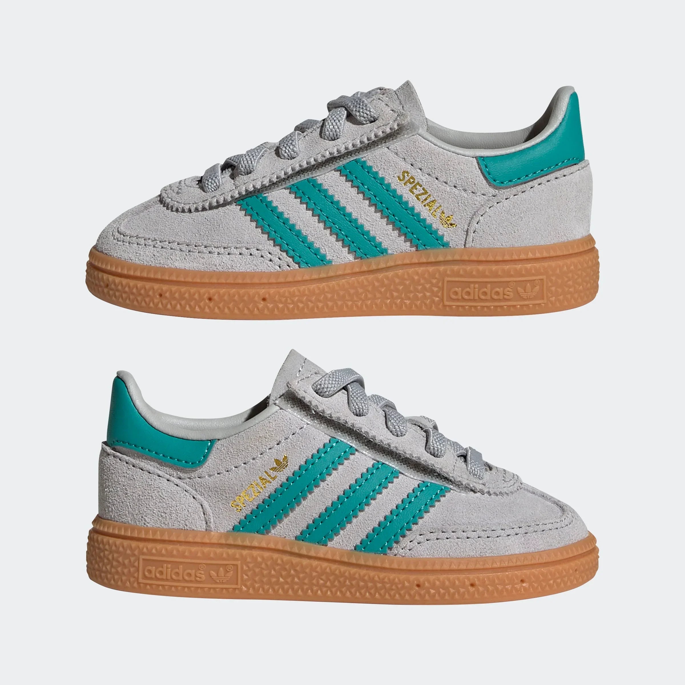 נעלי אדידס ילדים אפורות עם פסי טורקיז וסוליה חומה, דגם Spezial מבית CHOZEN
