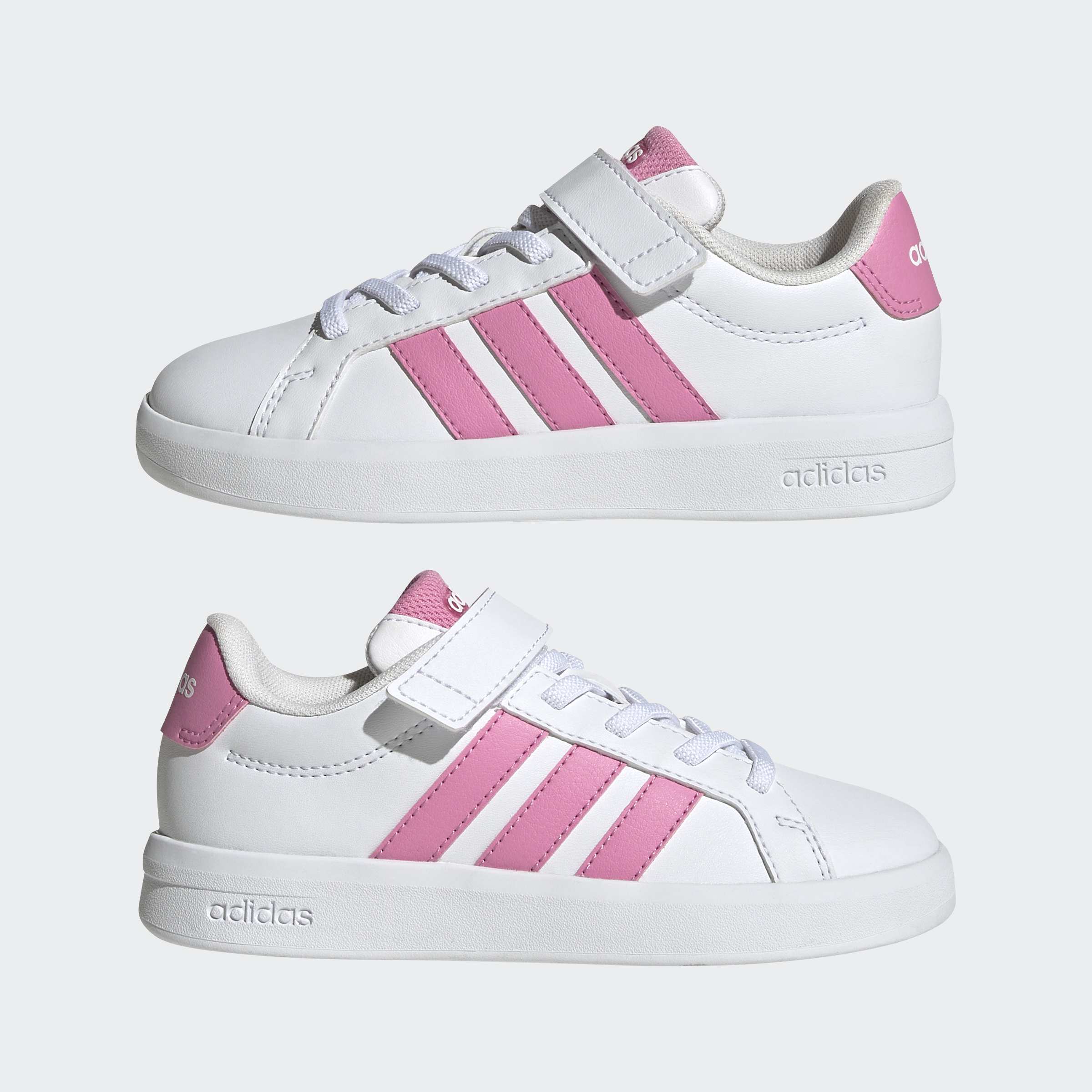 נעלי ספורט לילדים בצבע לבן עם פסי ורוד, שרוכים וסוגר סקוץ'