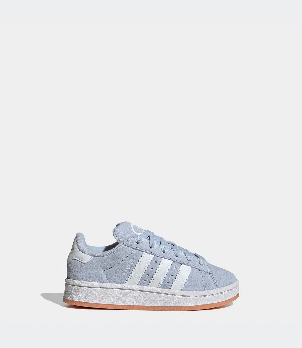 סניקרס אפורות עם שלושה פסים לבנים וסוליה בהירה, צילום צד נעלי ספורט לילדים