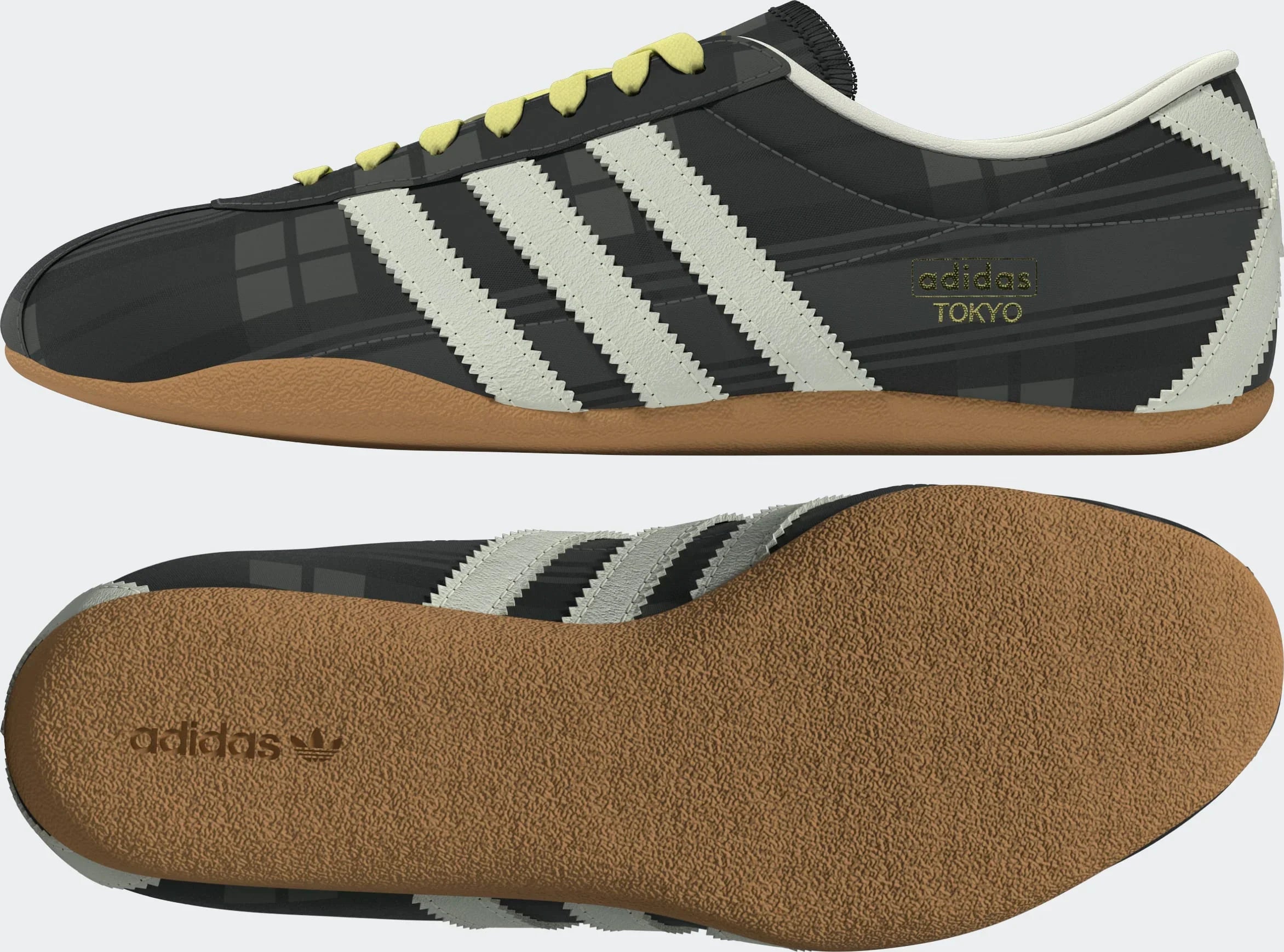 נעל אדידס טוקיו בצבע שחור עם שלושה פסים לבנים וסוליה חומה, עיצוב מודרני CHOZEN