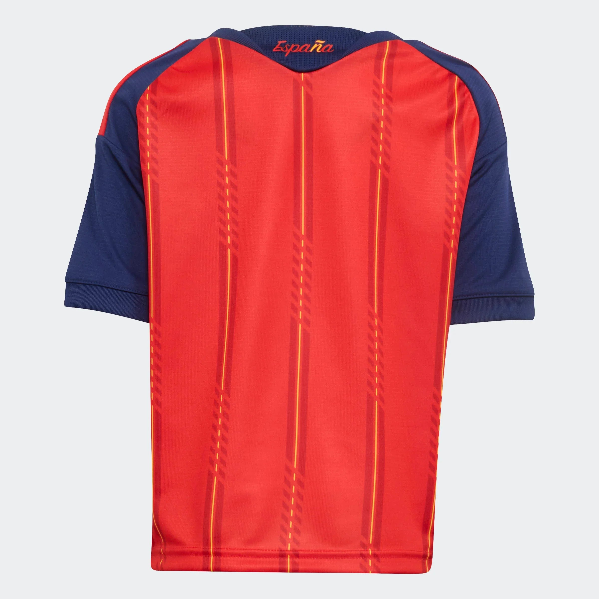 חולצת כדורגל ילדים בצבע אדום עם שרוולים כחולים ודוגמת פסי דק, זווית אחורית, CHOZEN