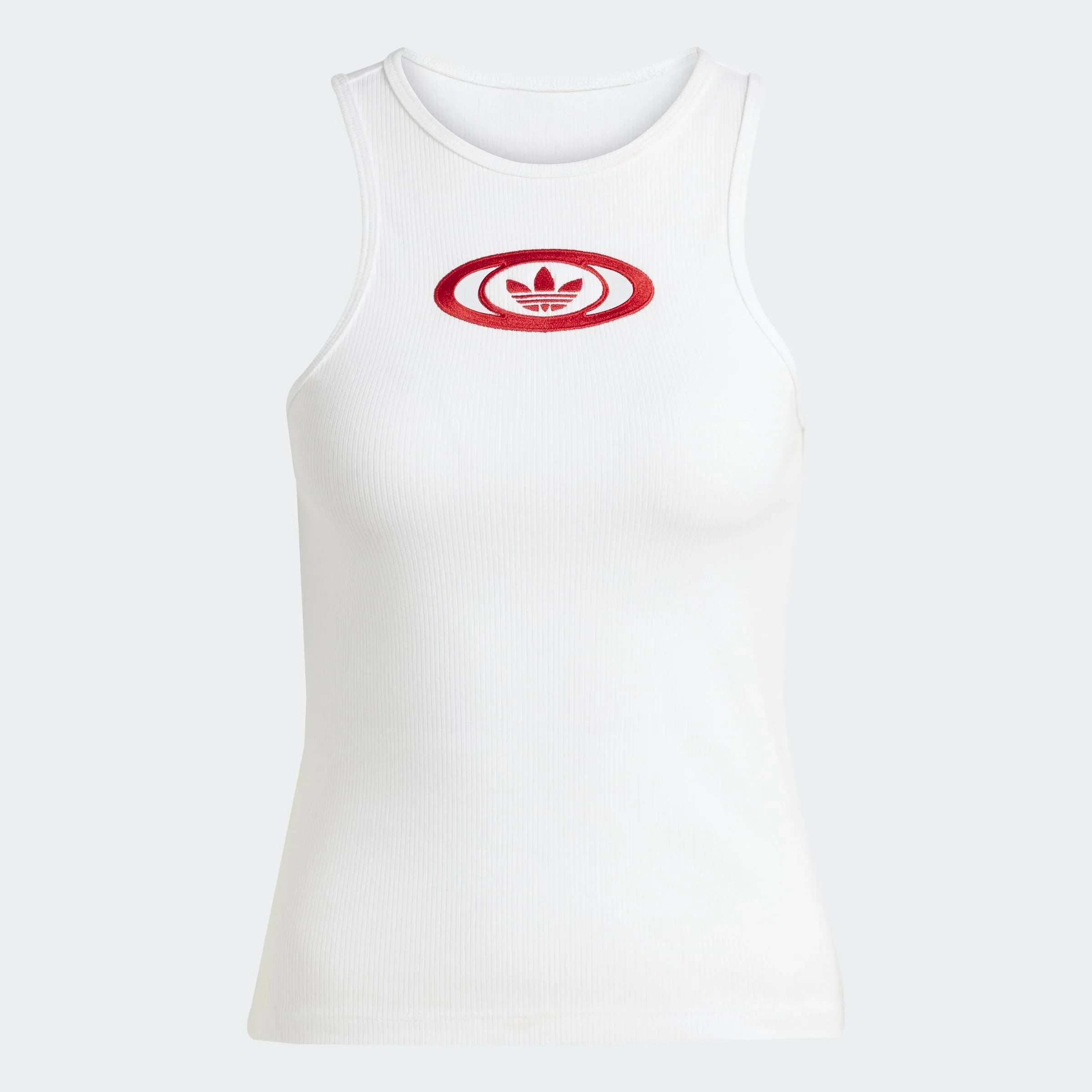 גופיית נשים לבנה עם סמל אדידס אדום במרכז, אופנה יומית באתר CHOZEN