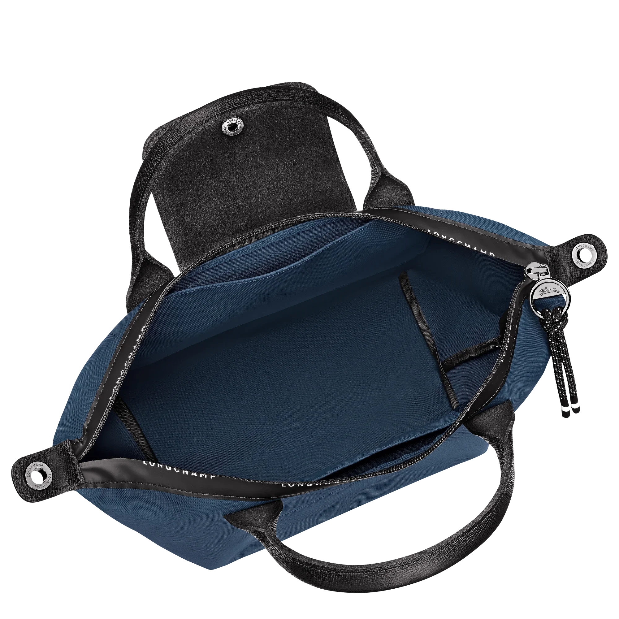 תיק יד כחול עם רצועות שחורות, פתוח מבפנים, מבית CHOZEN קבוצת אלפא