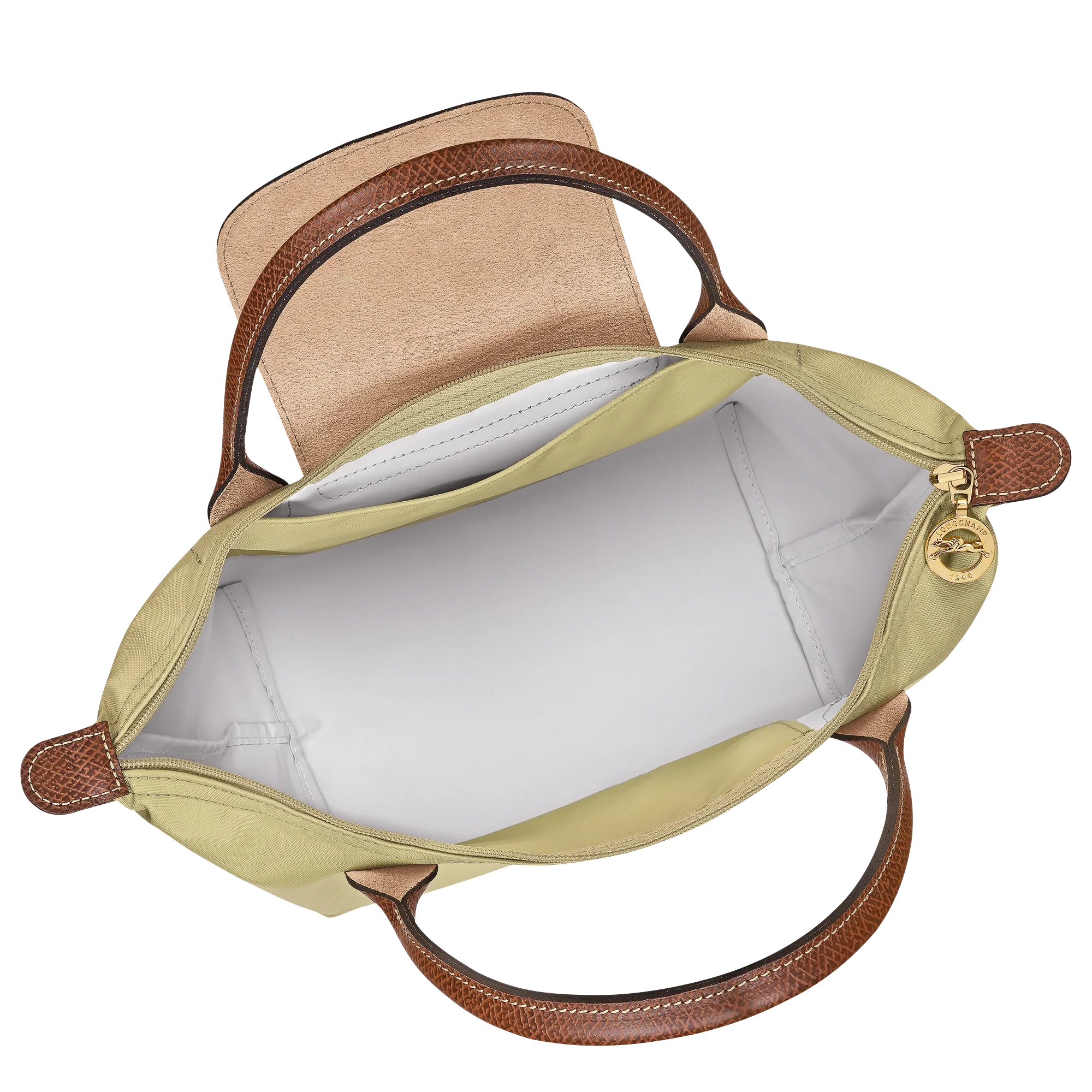 מבט עליון לתיק יד יוקרתי מבית CHOZEN, רוכסן זהב, ידיות עור חום, עיצוב אלגנטי