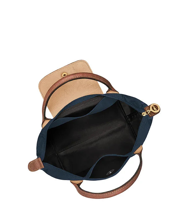 תיק יד כחול עם ידיות חומות ותא פנימי פתוח, מבט עליון, CHOZEN מותגים מובילים