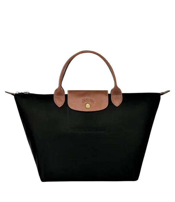 תיק נשיאה שחור עם ידיות ועיטורים חומים, מותג אופנה יוקרתי, CHOZEN