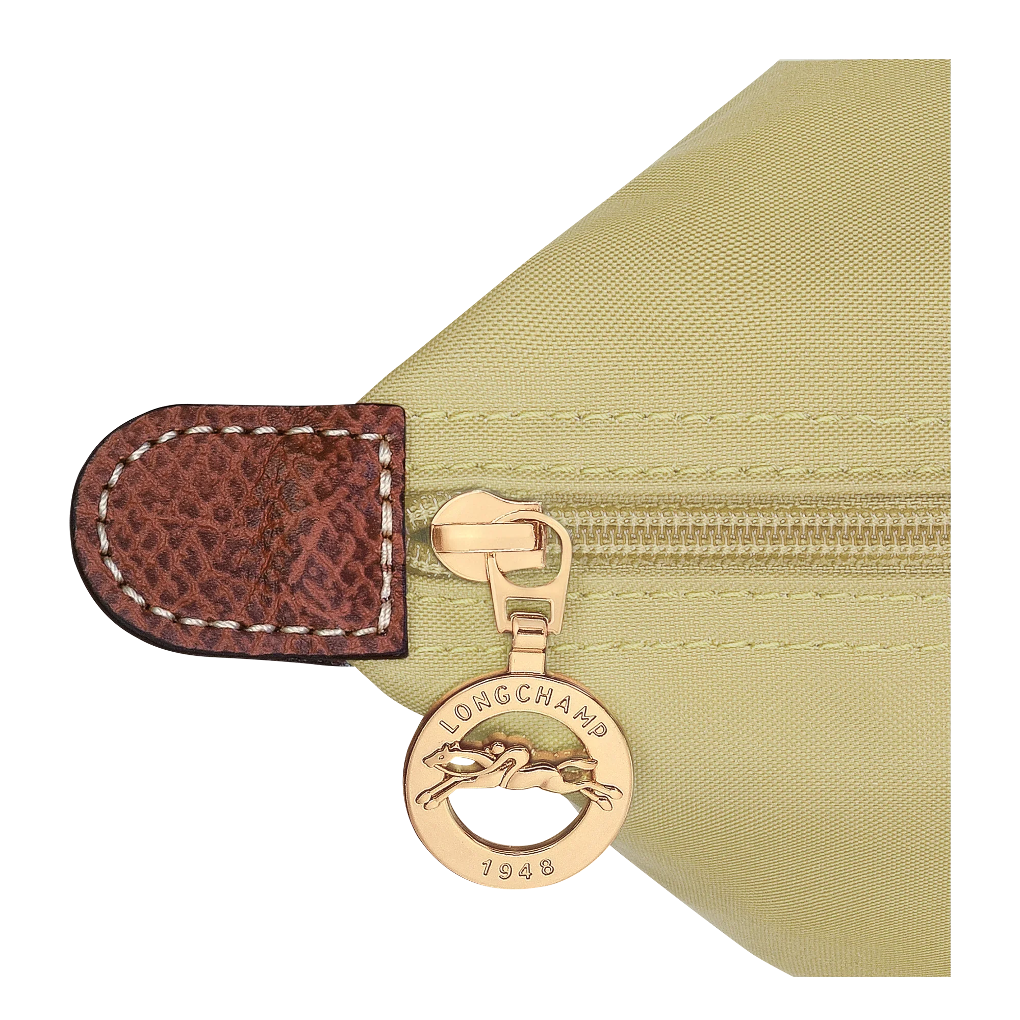 רוכסן זהב עם תווית Longchamp על תיק בד ירוק בהיר, פרטי מותג יוקרה ב-CHOZEN