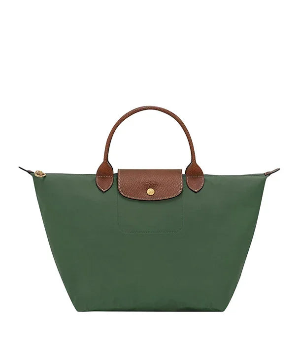 תיק יד יוקרתי ירוק עם ידיות ועיטורי עור חום, מותג מוביל ב-CHOZEN