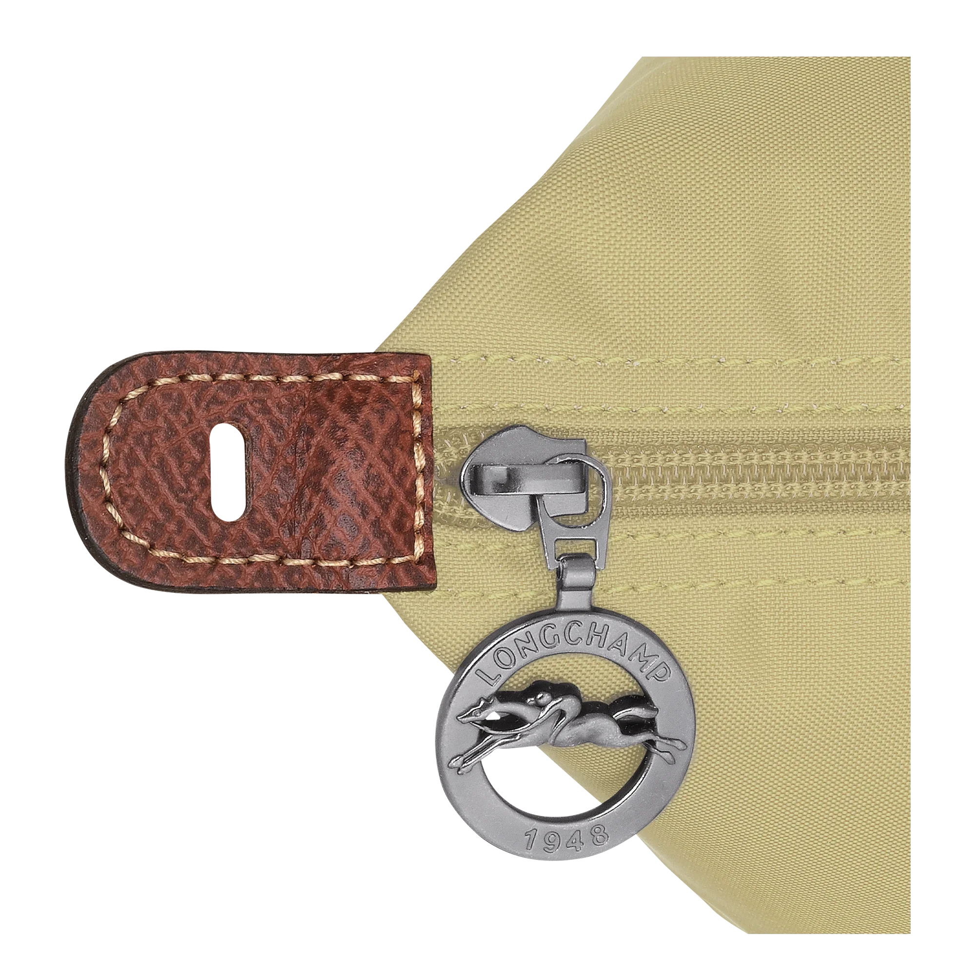 רוכסן תיק לונגשאמפ בצבע בז', תיוג עור חום, לוגו LONGCHAMP 1948, יבואן קבוצת אלפא