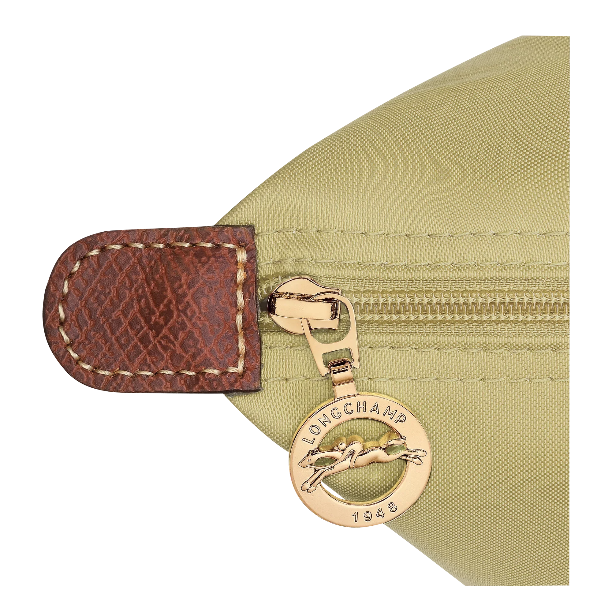 רוכסן זהב של תיק מעוצב מבד בצבע בז', תג עור חום, מותג LONGCHAMP בחנות CHOZEN