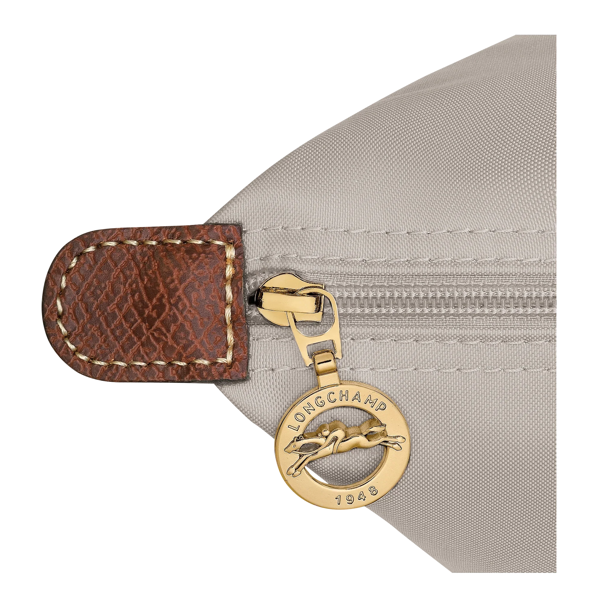 רוכסן תיק בצבע בז' עם תווית עור חומה, תג מתכת מוזהבת של LONGCHAMP, קולקציית מותגים CHOZEN