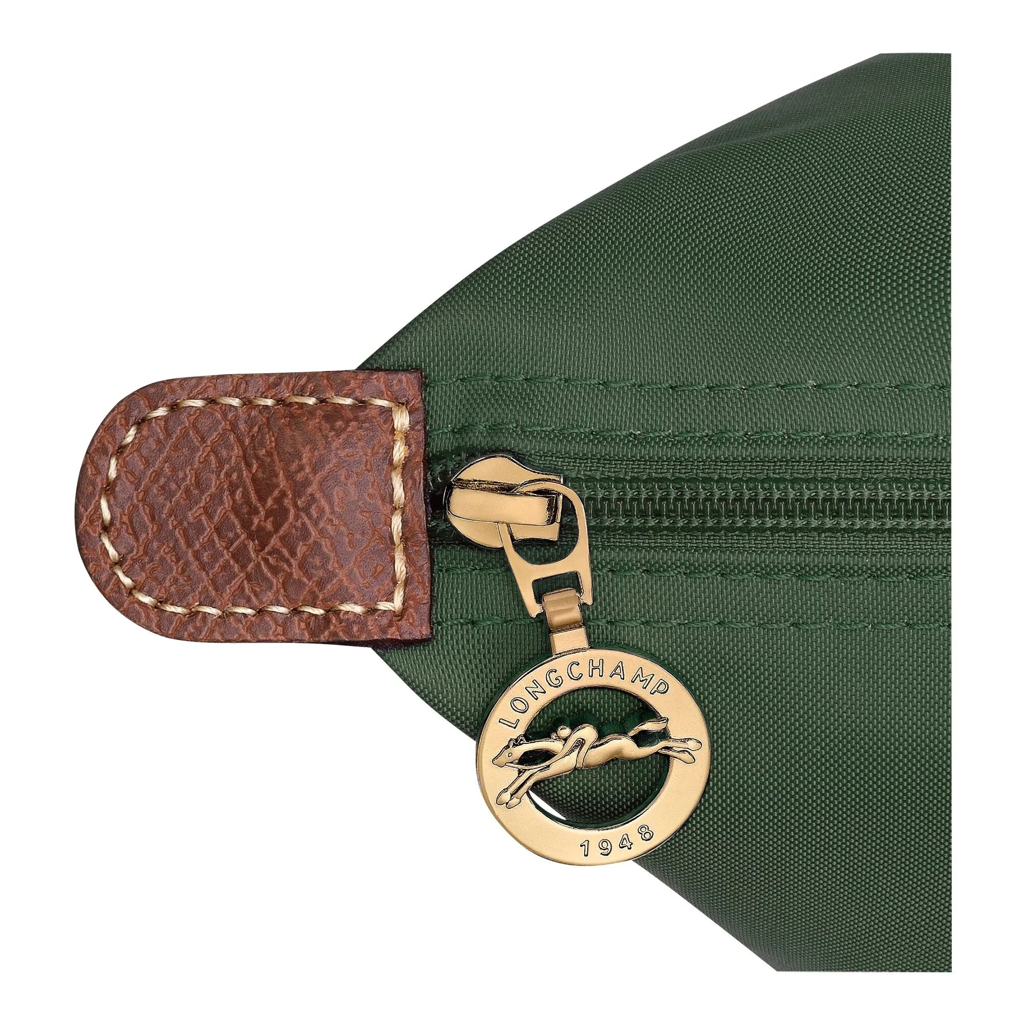 רוכסן זהב עם לוגו LONGCHAMP על תיק ירוק עם דמוי עור חום, ייבוא קבוצת אלפא CHOZEN