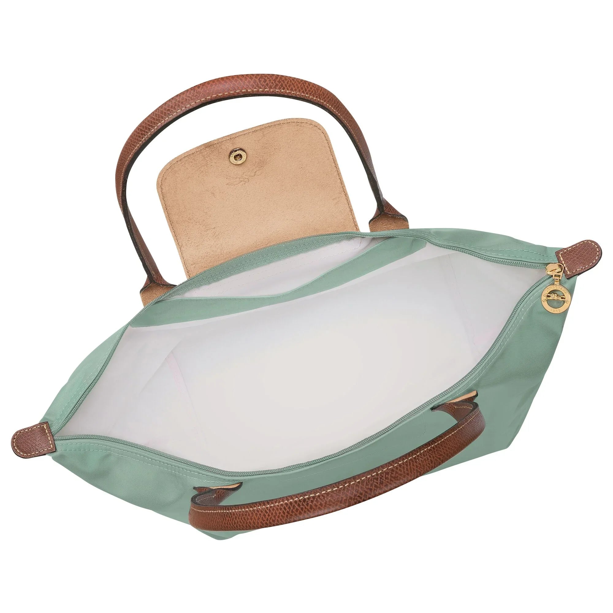 תיק יד ירוק עם ידיות חום ועיטור זהב פתוח, צילום מוצר CHOZEN