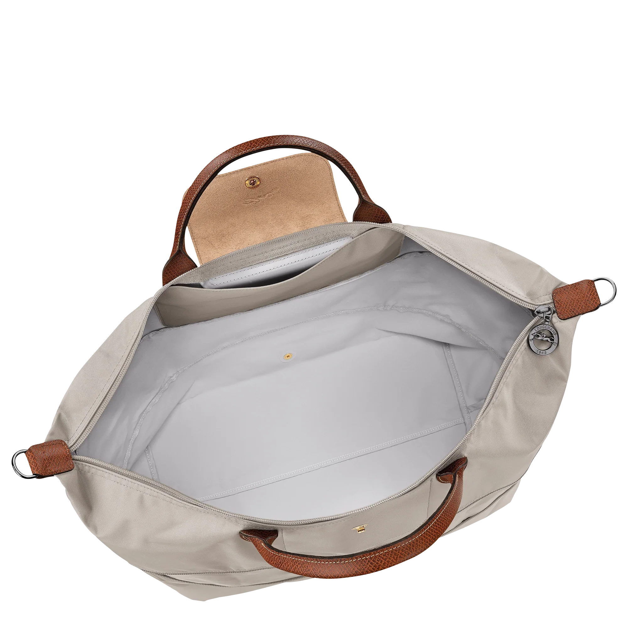 תיק נסיעות אופנתי עם ידיות עור חומות, מבית CHOZEN, מבט פנימי על חלל התיק