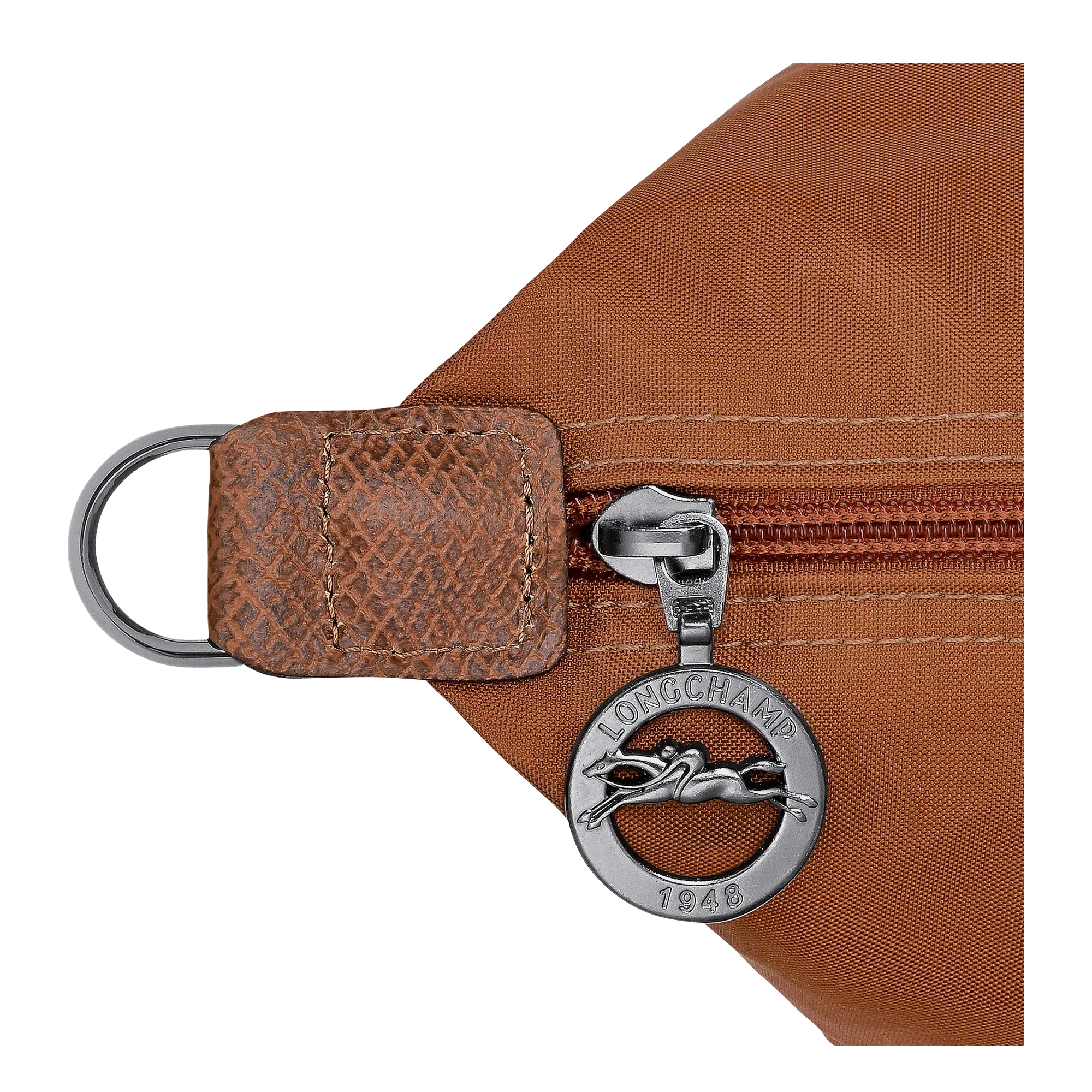 רוכסן תיק חום עם תגית מתכת ממותגת LONGCHAMP 1948, מוצר יוקרה באתר CHOZEN