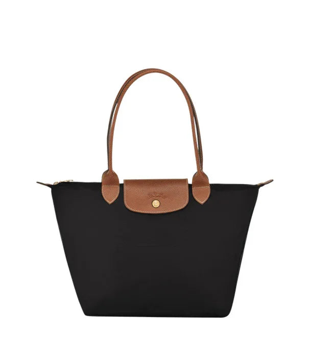 תיק יד מעוצב בצבע שחור עם ידיות ועיטורי עור חום, מותג יוקרתי ל-CHOZEN