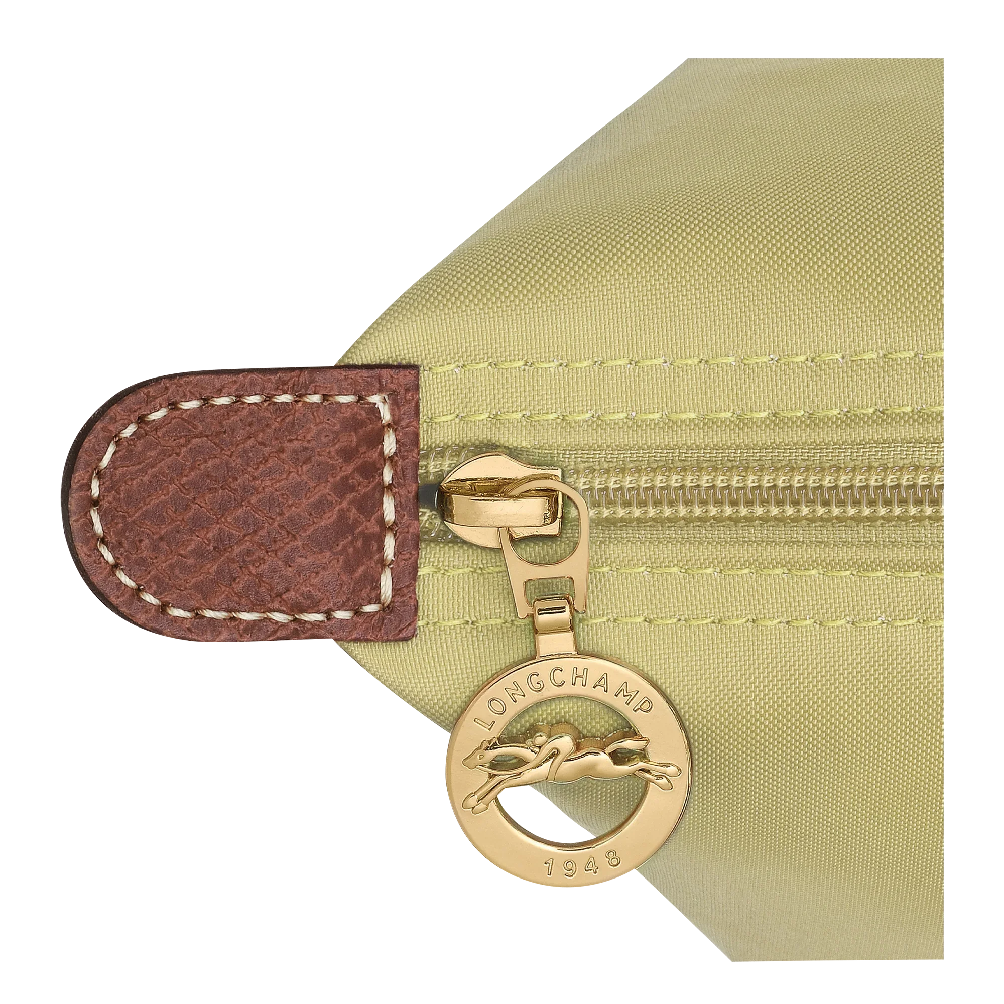 רוכסן זהב עם תליון לונגשאם על תיק בד צהוב, פרט עור חום, CHOZEN מותגים מובילים