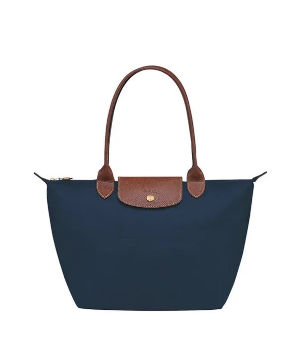 תיק קלאסי לנשים כחול עם ידיות ועיטורי עור חום, מבית המותגים המובילים ב-CHOZEN