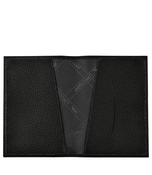 נרתיק עור שחור של LONGCHAMP, עיצוב יוקרתי למסמכים, מוצג על רקע לבן, באתר CHOZEN