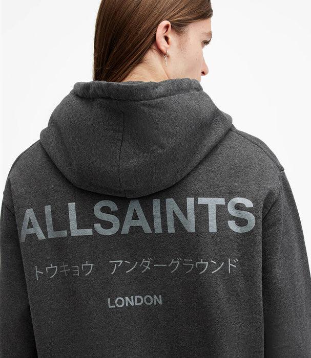 קפוצ׳ון ALLSAINTS בצבע אפור כהה, כיתוב לונדון וטוקיו, ביגוד אופנתי ביבוא קבוצת אלפא
