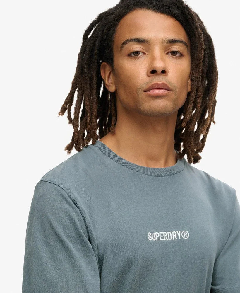 גבר עם שיער מתולתל לובש חולצת טי אפורה של Superdry, מותג מוביל מבית CHOZEN