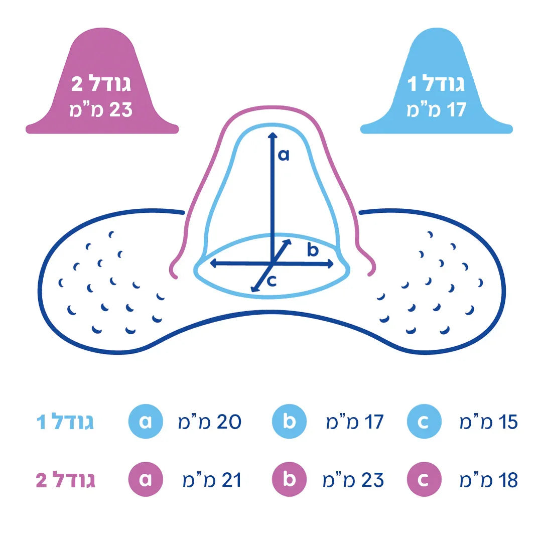 איור של מגני פטמה לשד, השוואת גדלים ומידות בגדול 1 ו-2 עם מידות בס"מ לתינוקות.