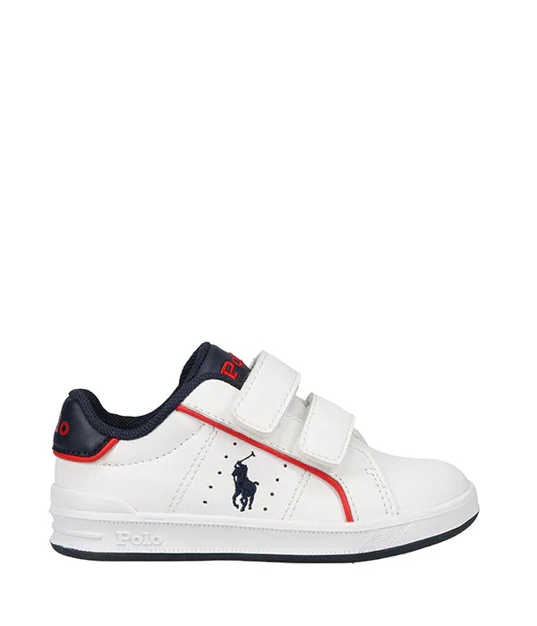 נעל ספורט לבנה עם שני סקוצ'ים, עיצוב Polo Ralph Lauren לילדים, מוצג על רקע לבן, CHOZEN